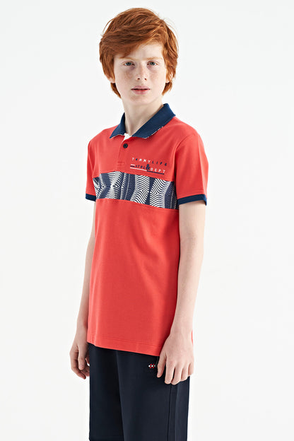 Coral Striped Print Detailed Polo Collar Standard Pattern Boys T-Shirt - 11162