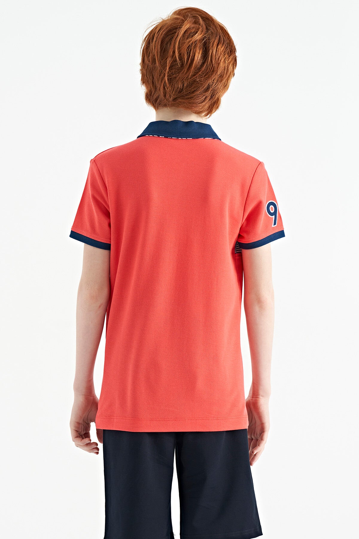 Coral Striped Print Detailed Polo Collar Standard Pattern Boys T-Shirt - 11162
