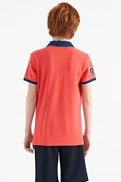 Coral Striped Print Detailed Polo Collar Standard Pattern Boys T-Shirt - 11162