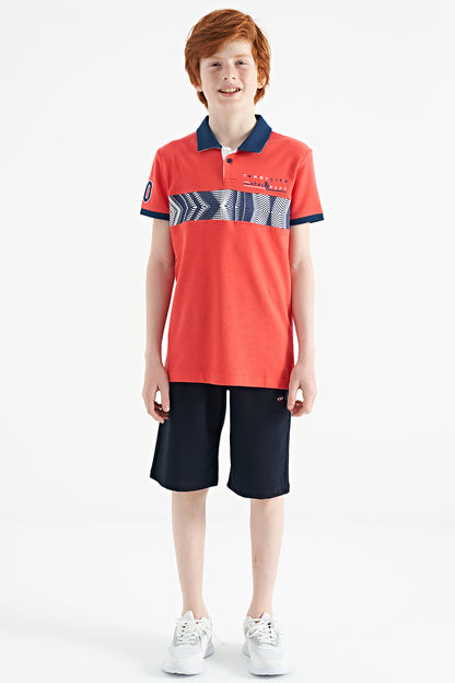 Coral Striped Print Detailed Polo Collar Standard Pattern Boys T-Shirt - 11162