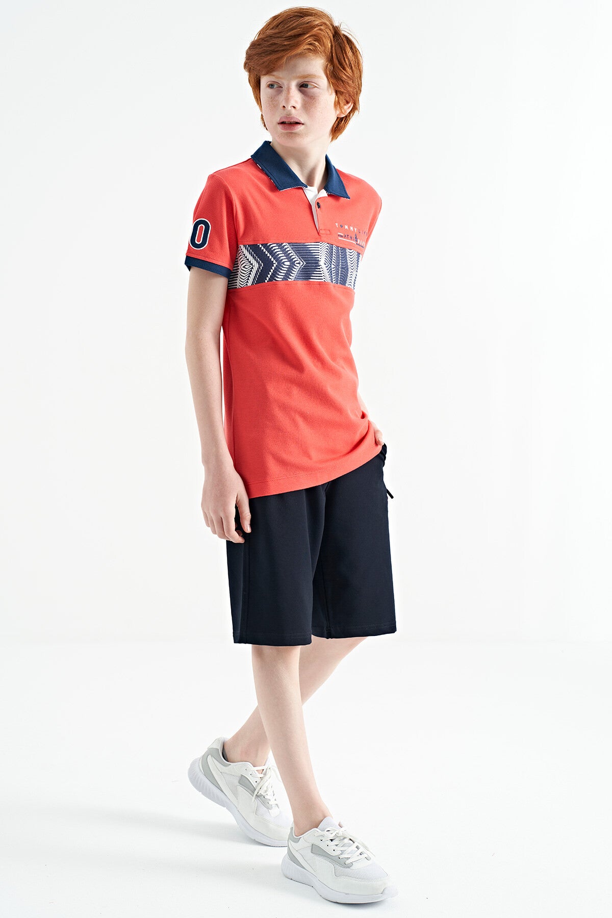 Coral Striped Print Detailed Polo Collar Standard Pattern Boys T-Shirt - 11162