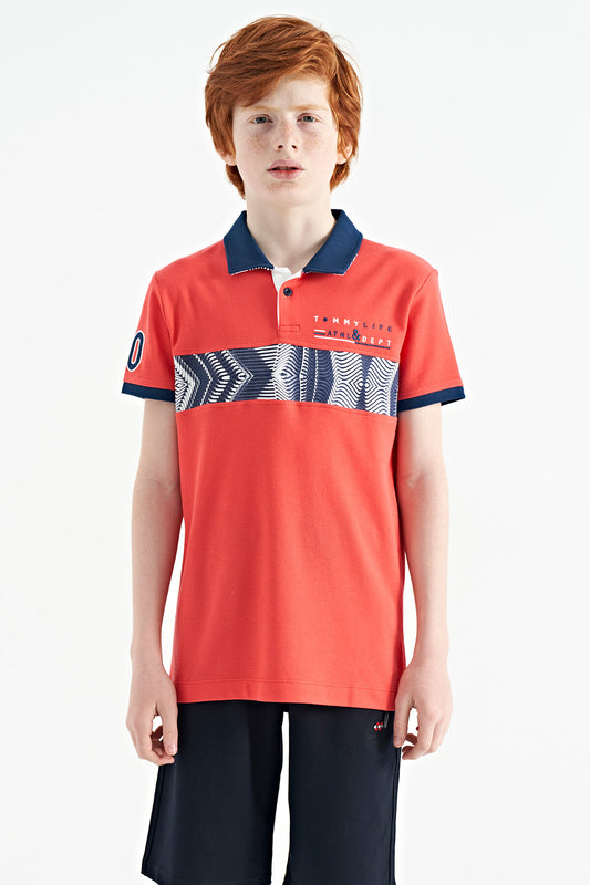 Coral Striped Print Detailed Polo Collar Standard Pattern Boys T-Shirt - 11162