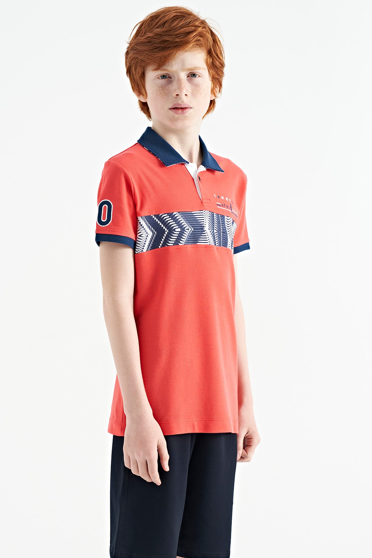 Coral Striped Print Detailed Polo Collar Standard Pattern Boys T-Shirt - 11162