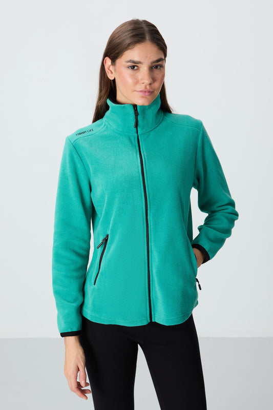 Straight Collar Zippered Comfort Fit Women's Fleece Sweatshirt - 97173