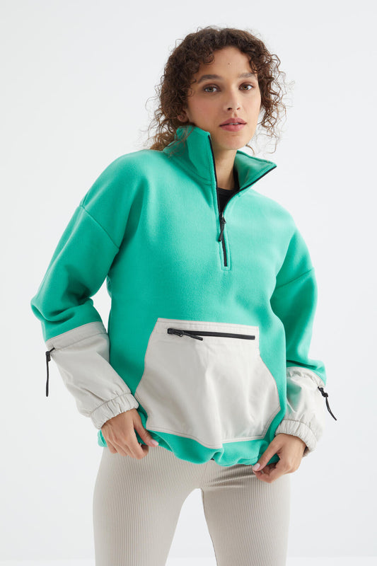 Skirt Hem Gather Half Zipper Oversize Women's Fleece Sweatshirt - 97238