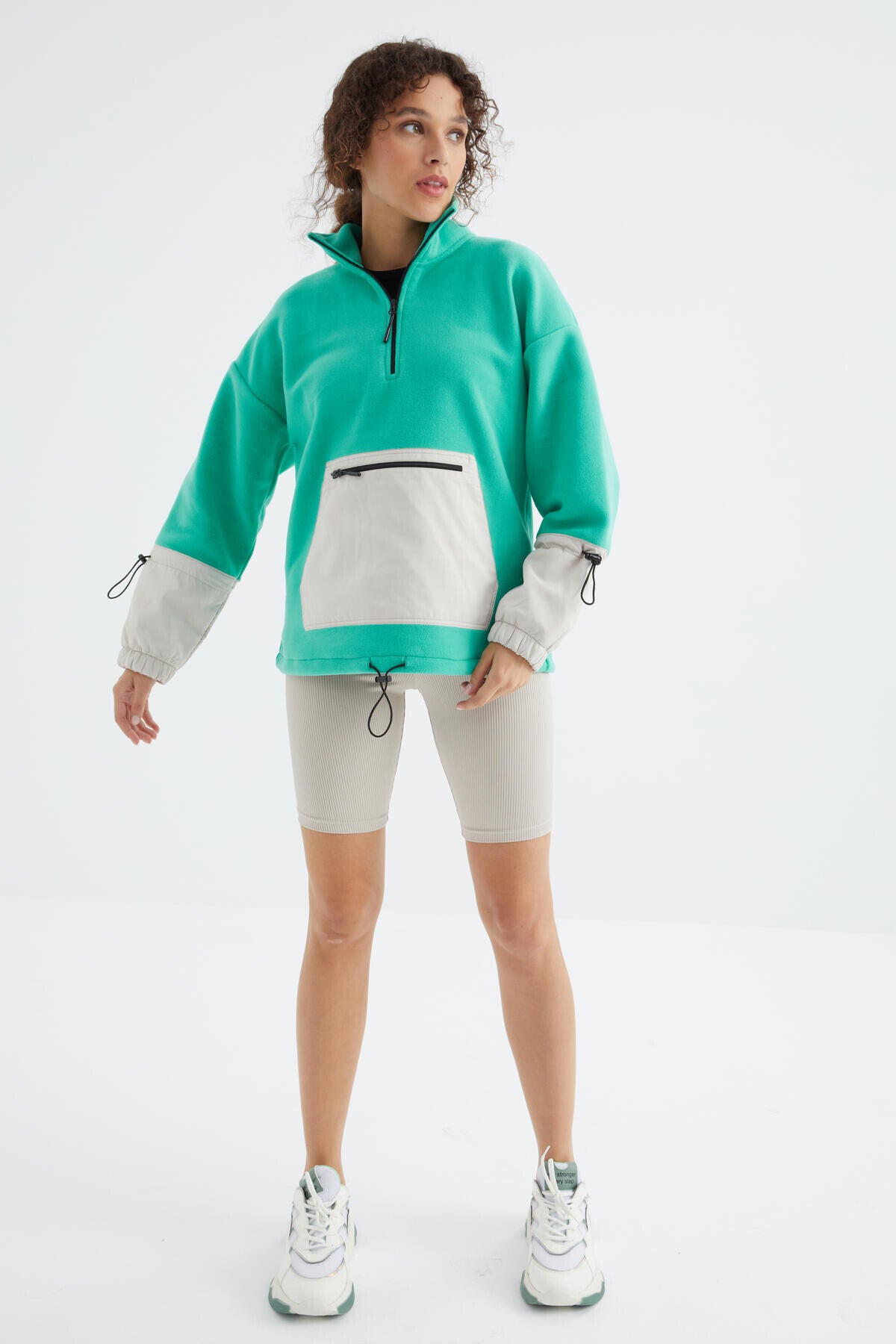 Skirt Hem Gather Half Zipper Oversize Women's Fleece Sweatshirt - 97238