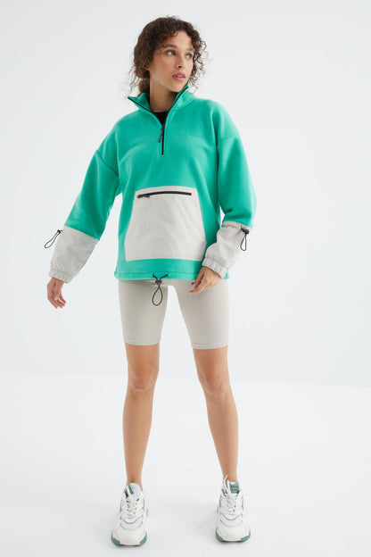 Skirt Hem Gather Half Zipper Oversize Women's Fleece Sweatshirt - 97238