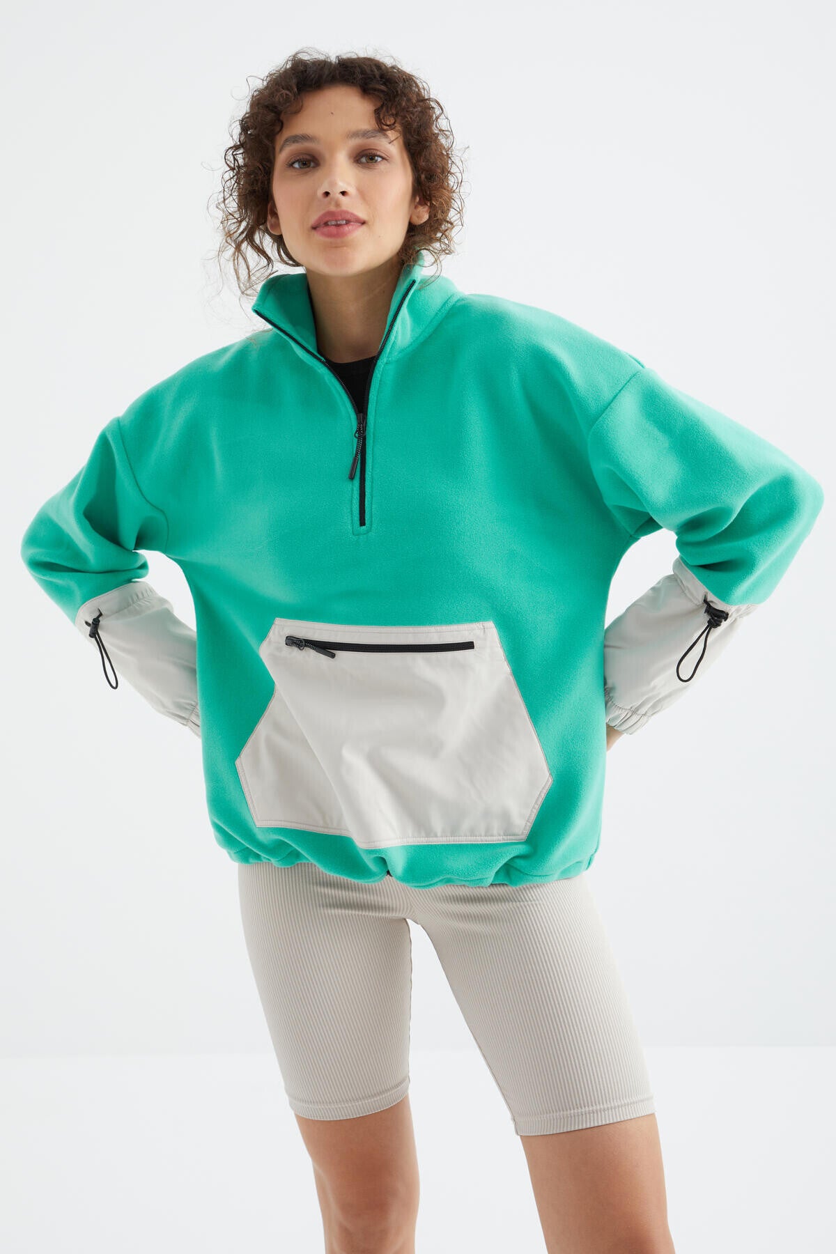 Skirt Hem Gather Half Zipper Oversize Women's Fleece Sweatshirt - 97238
