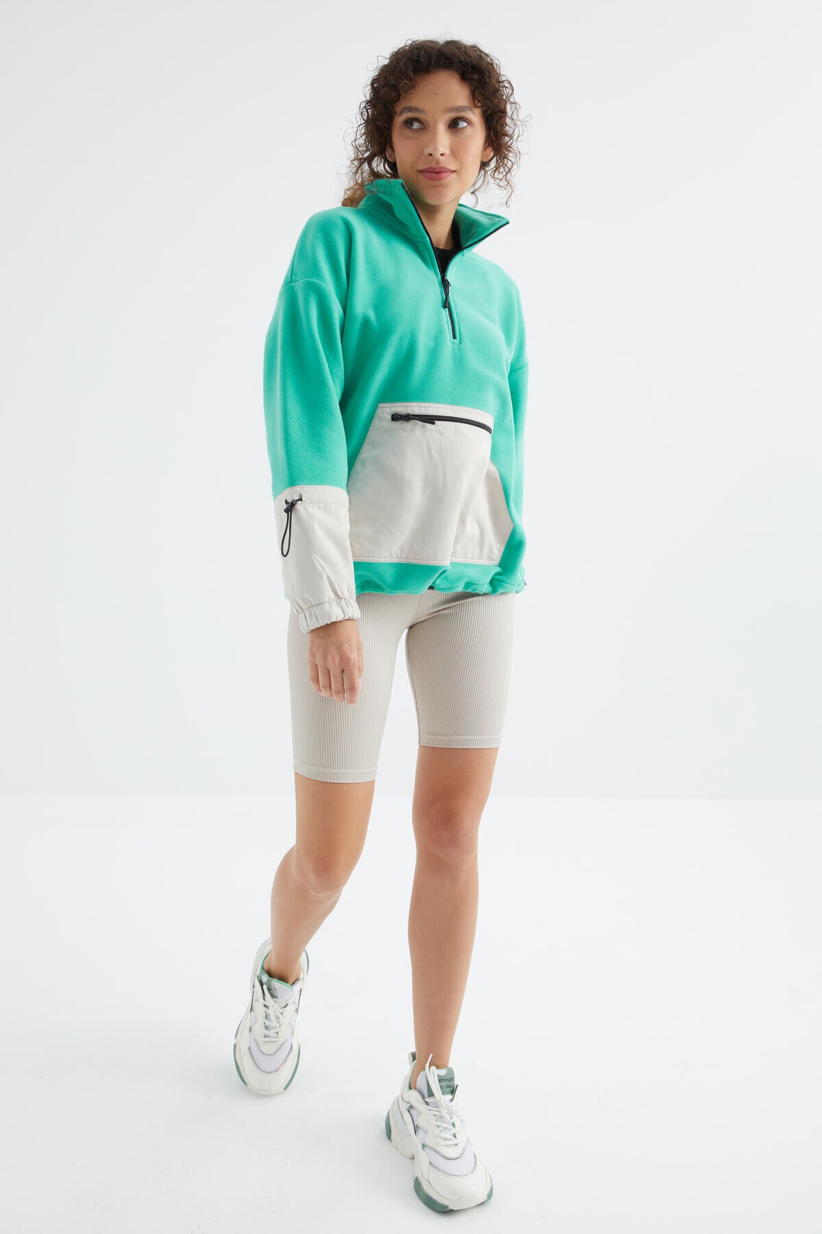 Skirt Hem Gather Half Zipper Oversize Women's Fleece Sweatshirt - 97238