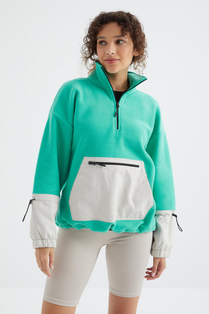 Skirt Hem Gather Half Zipper Oversize Women's Fleece Sweatshirt - 97238