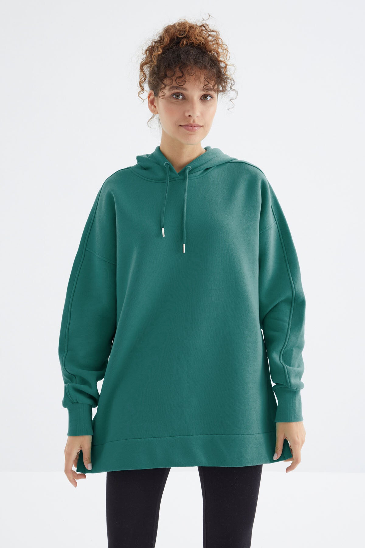 Raglan Sleeve Basic Hooded Oversize Sweatshirt Tunic - 97242