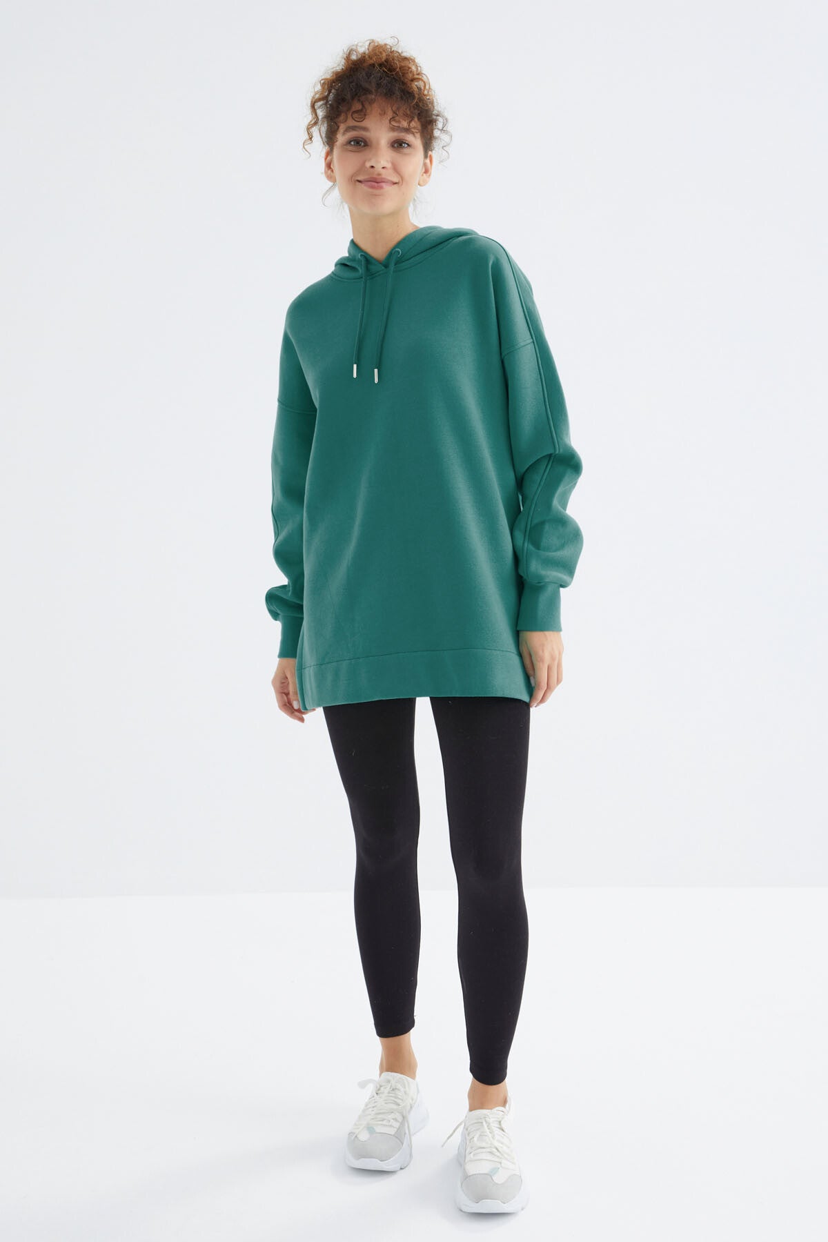Raglan Sleeve Basic Hooded Oversize Sweatshirt Tunic - 97242
