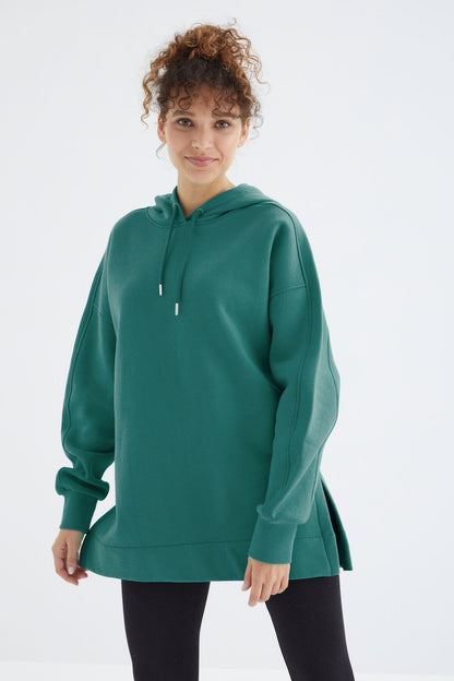 Raglan Sleeve Basic Hooded Oversize Sweatshirt Tunic - 97242