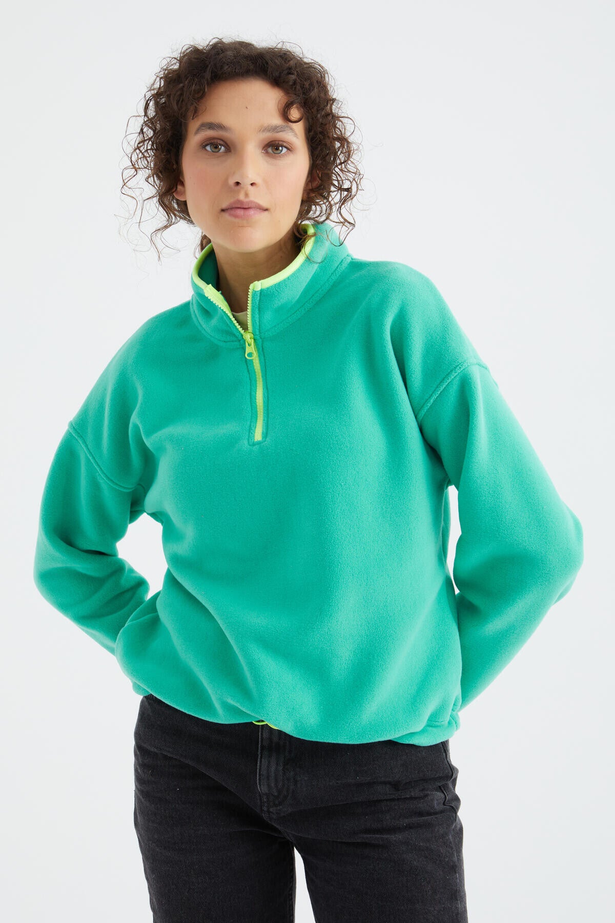 Stand Collar Oversize Women's Fleece Sweatshirt - 97234