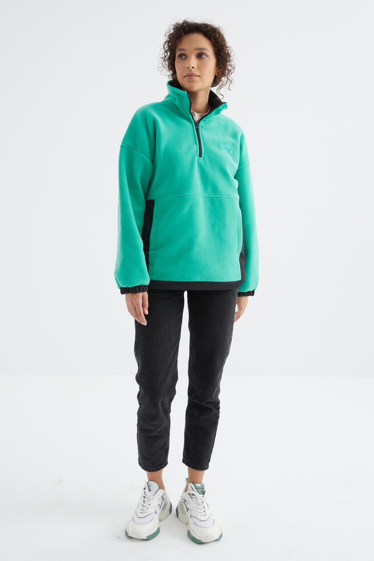 Half-Zip Skirt with Gathered Hem and Stand-Up Collar Oversize Women's Fleece Sweatshirt - 97236