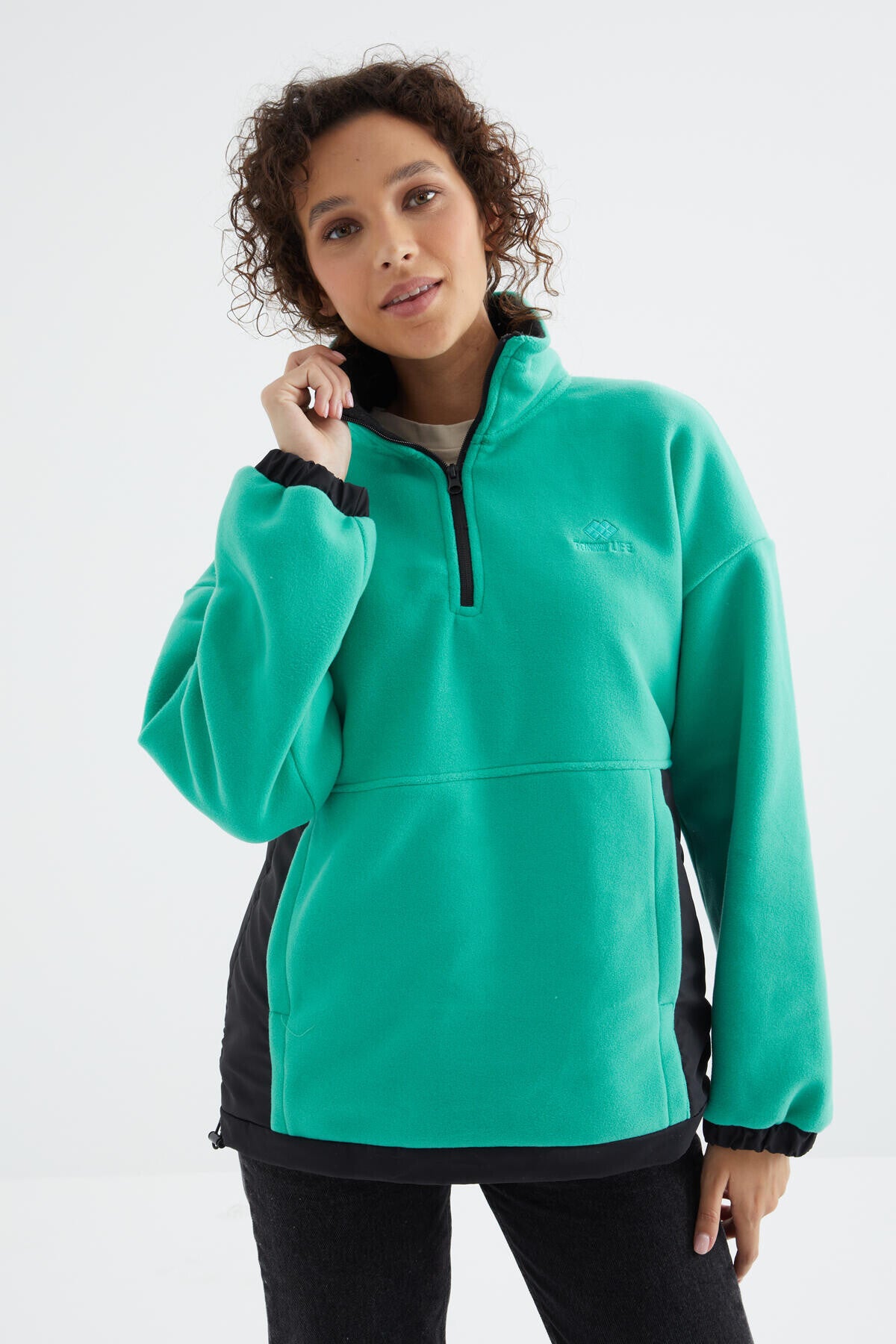 Half-Zip Skirt with Gathered Hem and Stand-Up Collar Oversize Women's Fleece Sweatshirt - 97236