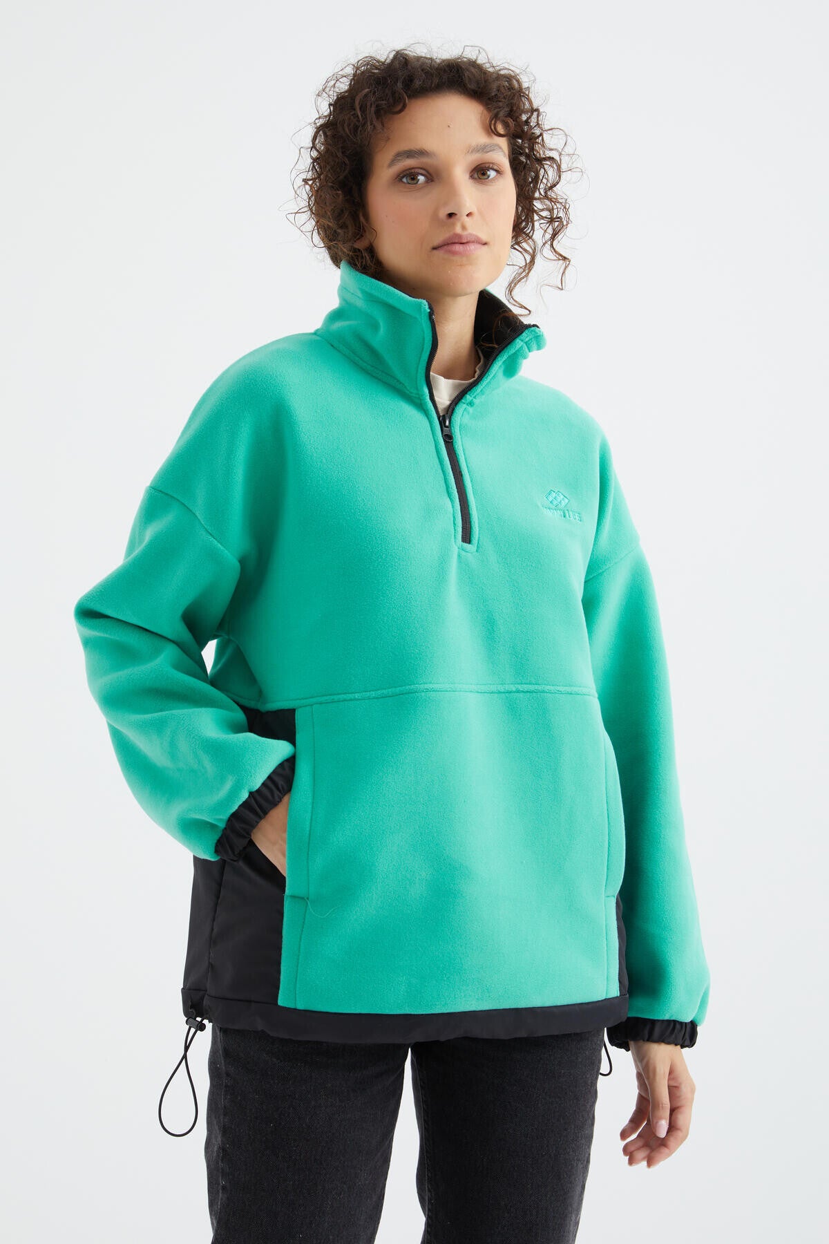 Half-Zip Skirt with Gathered Hem and Stand-Up Collar Oversize Women's Fleece Sweatshirt - 97236