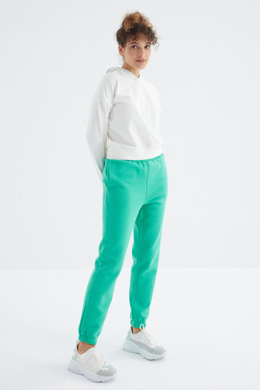 High Waist Brushed 3-Thread Cotton Basic Women's Tracksuit Bottom - 94624