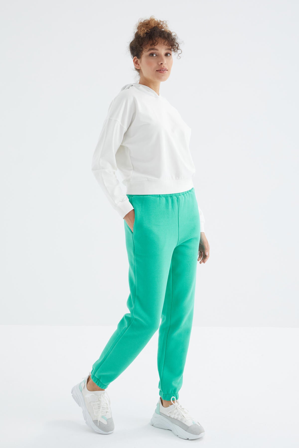High Waist Brushed 3-Thread Cotton Basic Women's Tracksuit Bottom - 94624