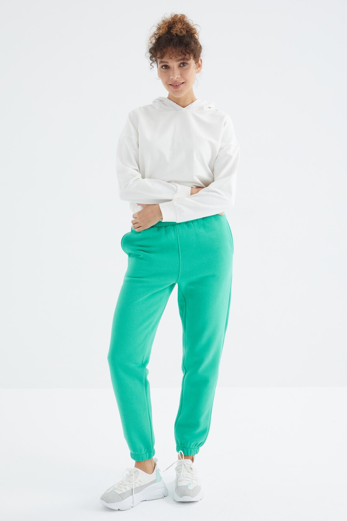 High Waist Brushed 3-Thread Cotton Basic Women's Tracksuit Bottom - 94624