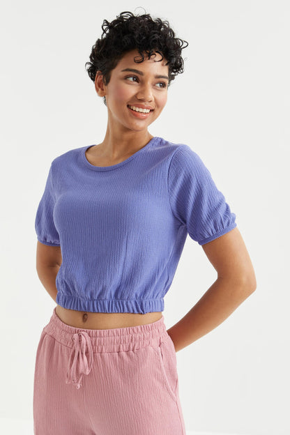 Platonic Balloon Sleeve or Collar White Elastane Crinkle Fabric Women's Crop Top T-Shirt - 97221