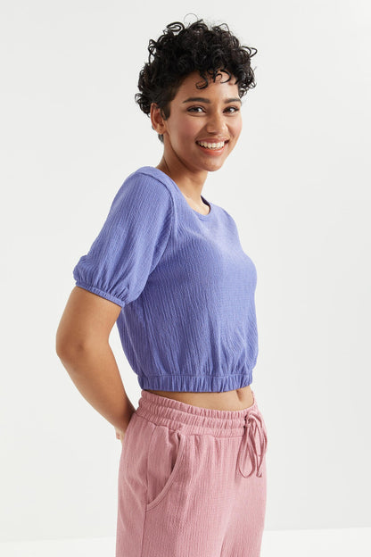 Platonic Balloon Sleeve or Collar White Elastane Crinkle Fabric Women's Crop Top T-Shirt - 97221