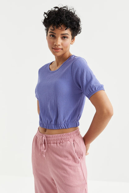 Platonic Balloon Sleeve or Collar White Elastane Crinkle Fabric Women's Crop Top T-Shirt - 97221