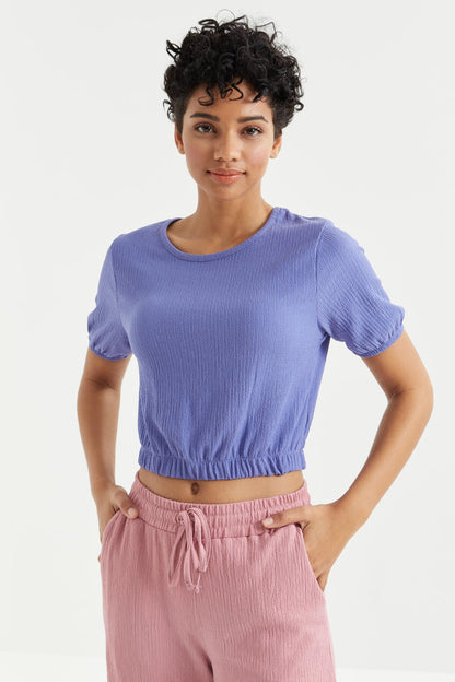 Platonic Balloon Sleeve or Collar White Elastane Crinkle Fabric Women's Crop Top T-Shirt - 97221