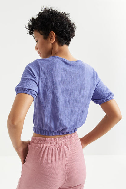 Platonic Balloon Sleeve or Collar White Elastane Crinkle Fabric Women's Crop Top T-Shirt - 97221