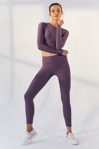 Plato Self-Patterned O Collar Long Sleeve Women's Crop Top T-Shirt - 97153