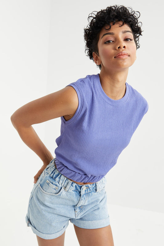 Plato O Collar Sleeveless Elastic Waist Crinkle Fabric Women's Crop Top T-Shirt - 97226