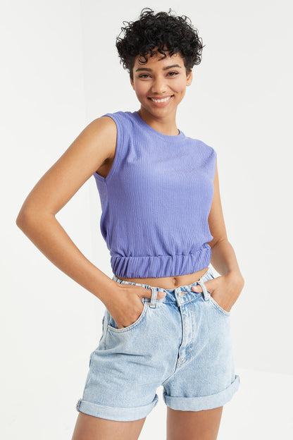 Plato O Collar Sleeveless Elastic Waist Crinkle Fabric Women's Crop Top T-Shirt - 97226