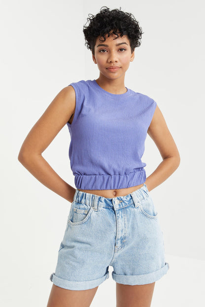 Plato O Collar Sleeveless Elastic Waist Crinkle Fabric Women's Crop Top T-Shirt - 97226
