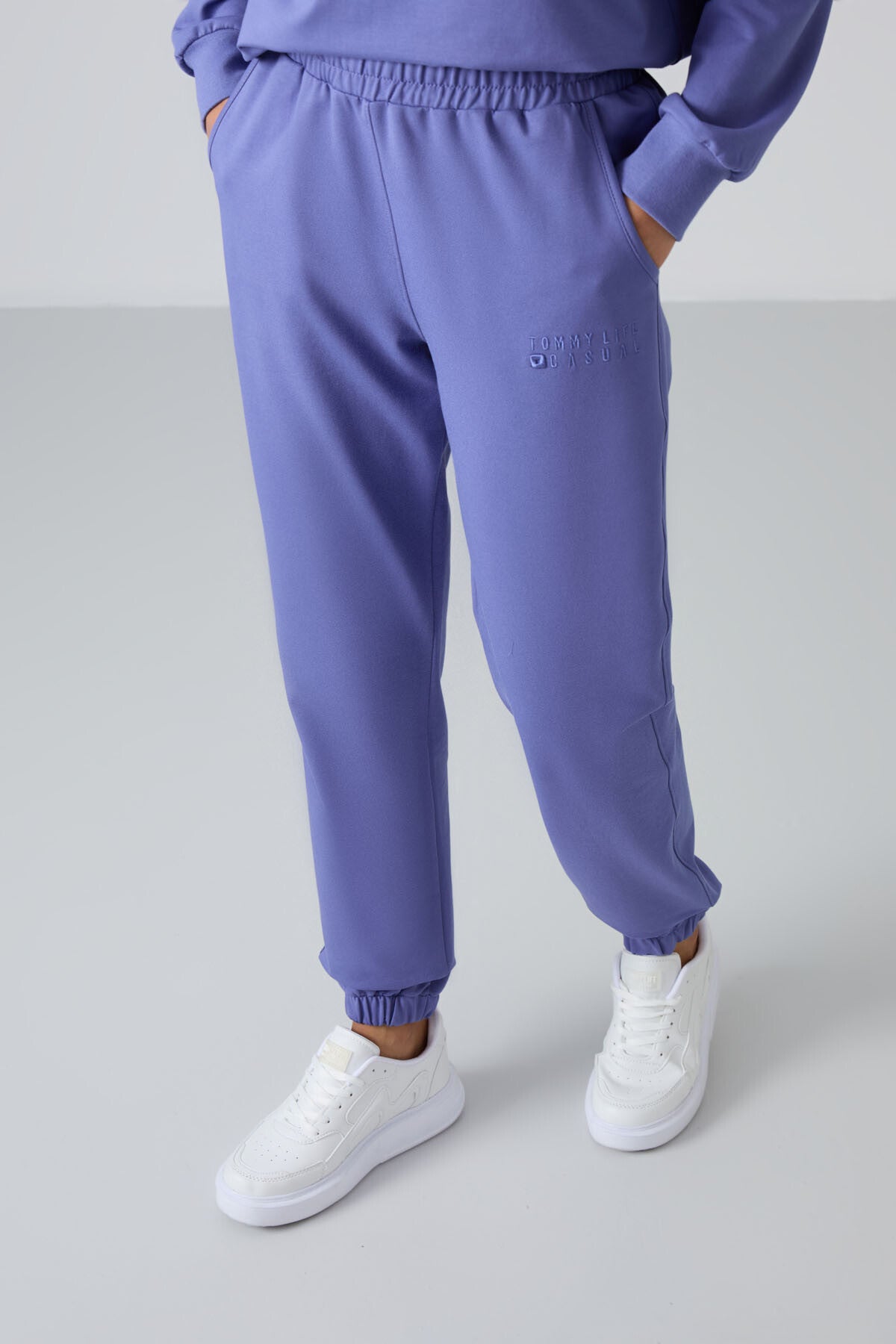 Plato Basic Cotton O Neck Oversize Elastic Cuff Women's Tracksuit Set - 95287