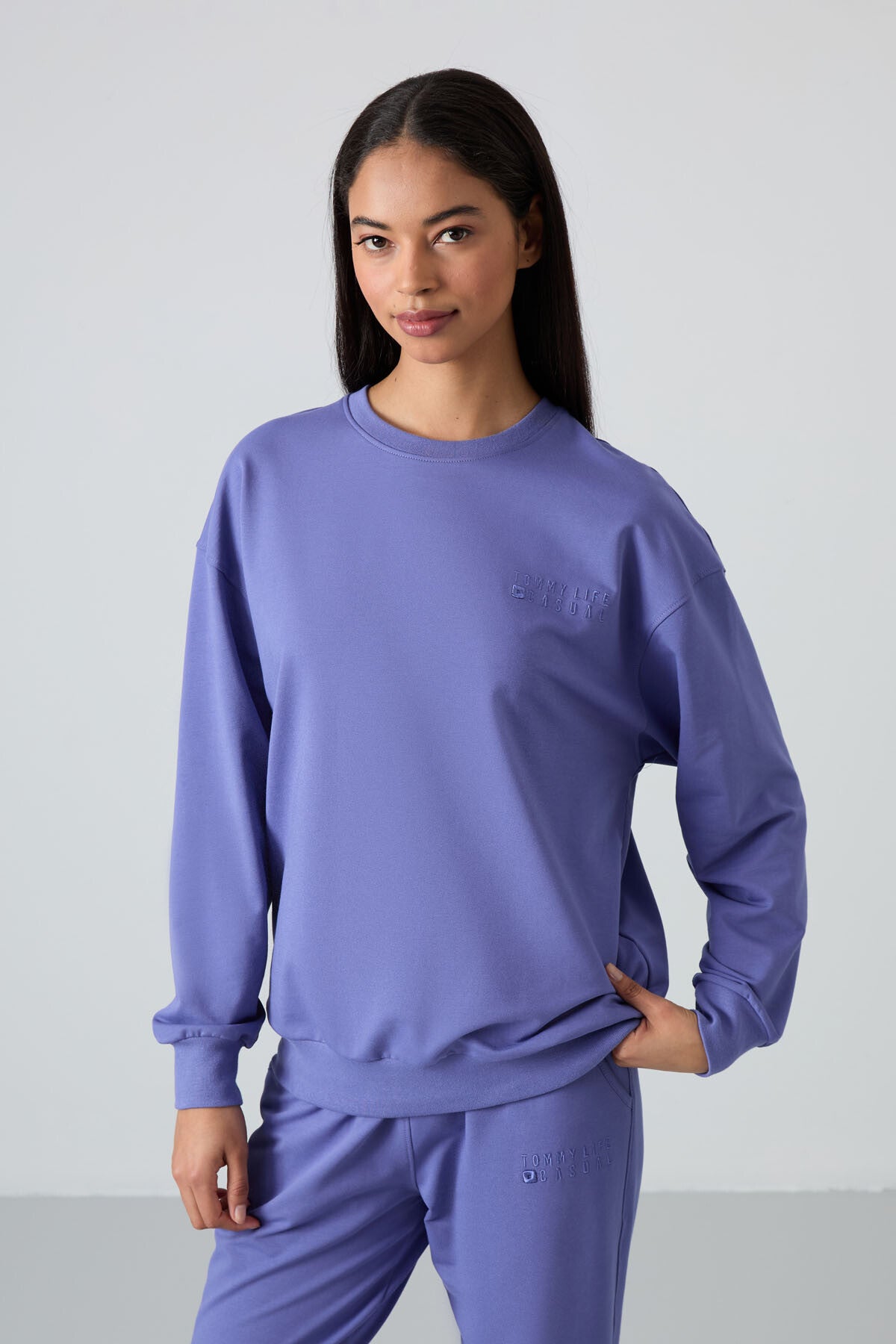 Plato Basic Cotton O Neck Oversize Elastic Cuff Women's Tracksuit Set - 95287
