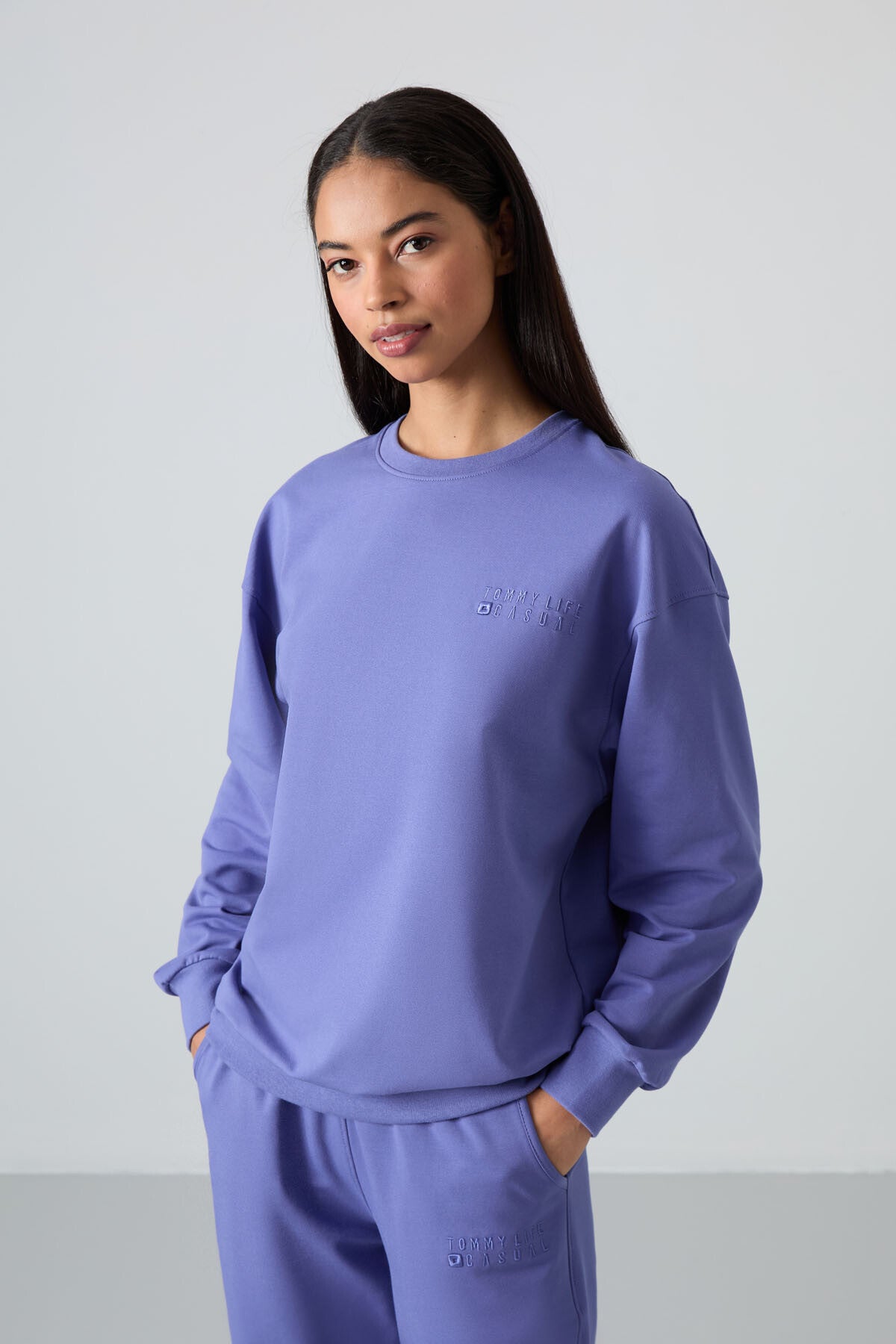 Plato Basic Cotton O Neck Oversize Elastic Cuff Women's Tracksuit Set - 95287