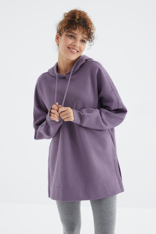 Plato Raglan Collar Basic Hooded Oversize Sweatshirt Tunic - 97242