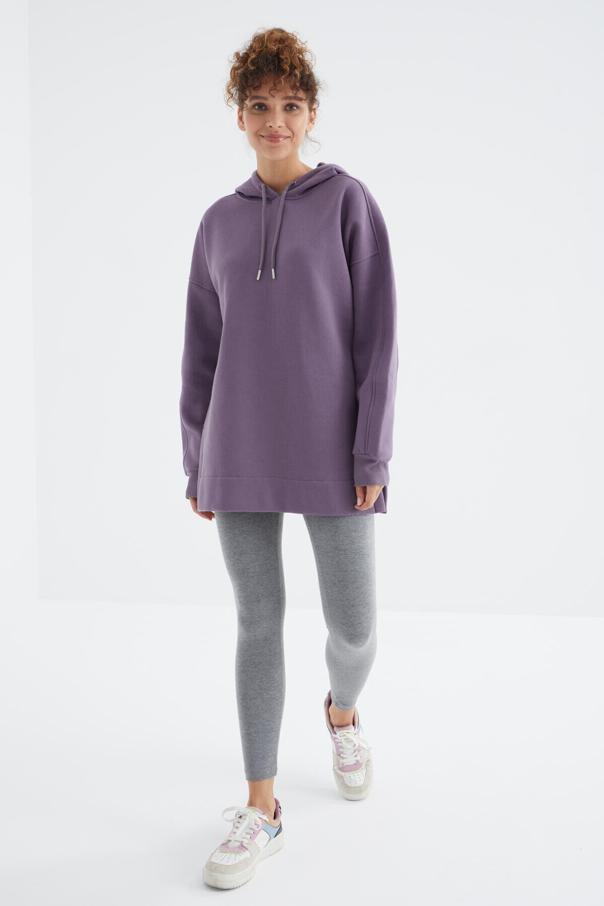 Plato Raglan Collar Basic Hooded Oversize Sweatshirt Tunic - 97242