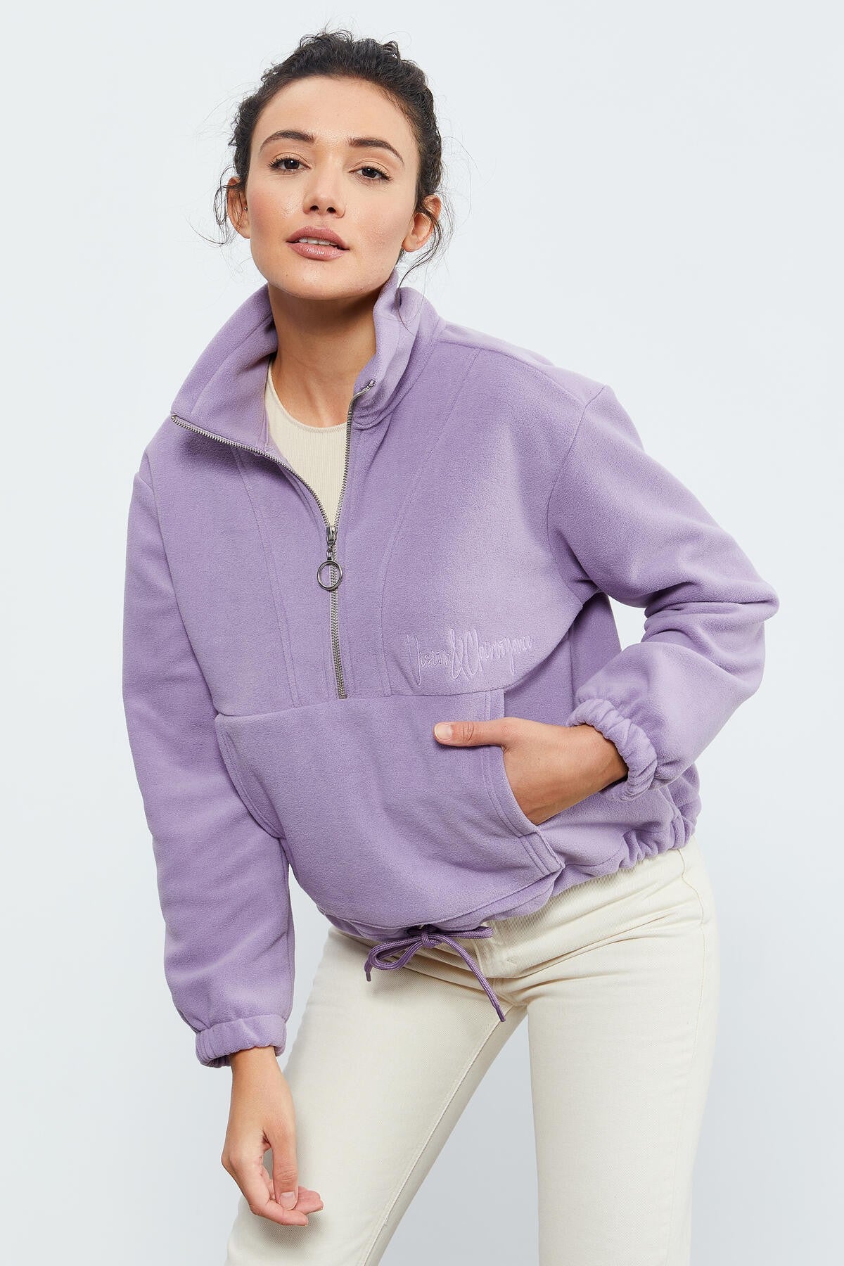 Plato Half Zipper Skirt with Gathered Hem Women's Polar Oversize Sweatshirt - 97171