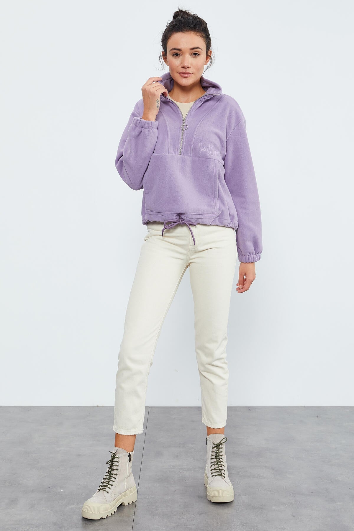 Plato Half Zipper Skirt with Gathered Hem Women's Polar Oversize Sweatshirt - 97171