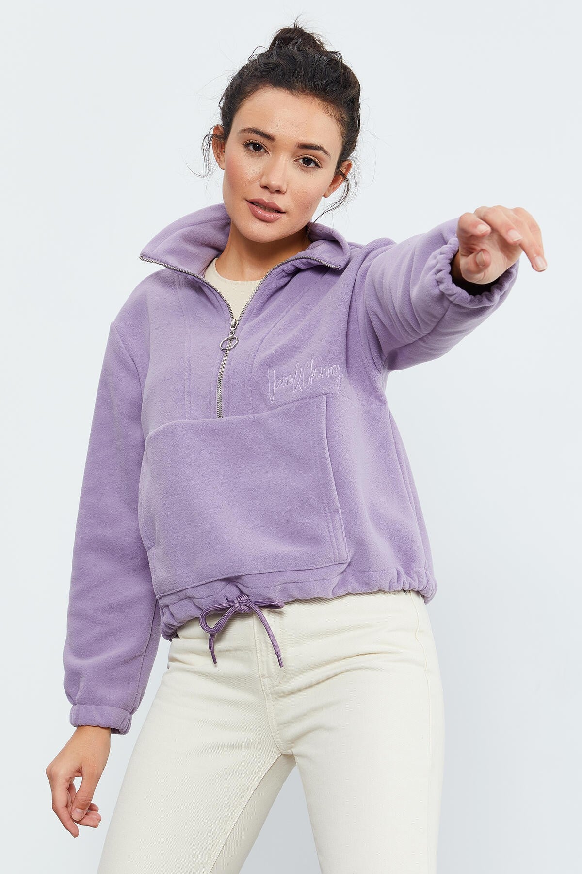 Plato Half Zipper Skirt with Gathered Hem Women's Polar Oversize Sweatshirt - 97171