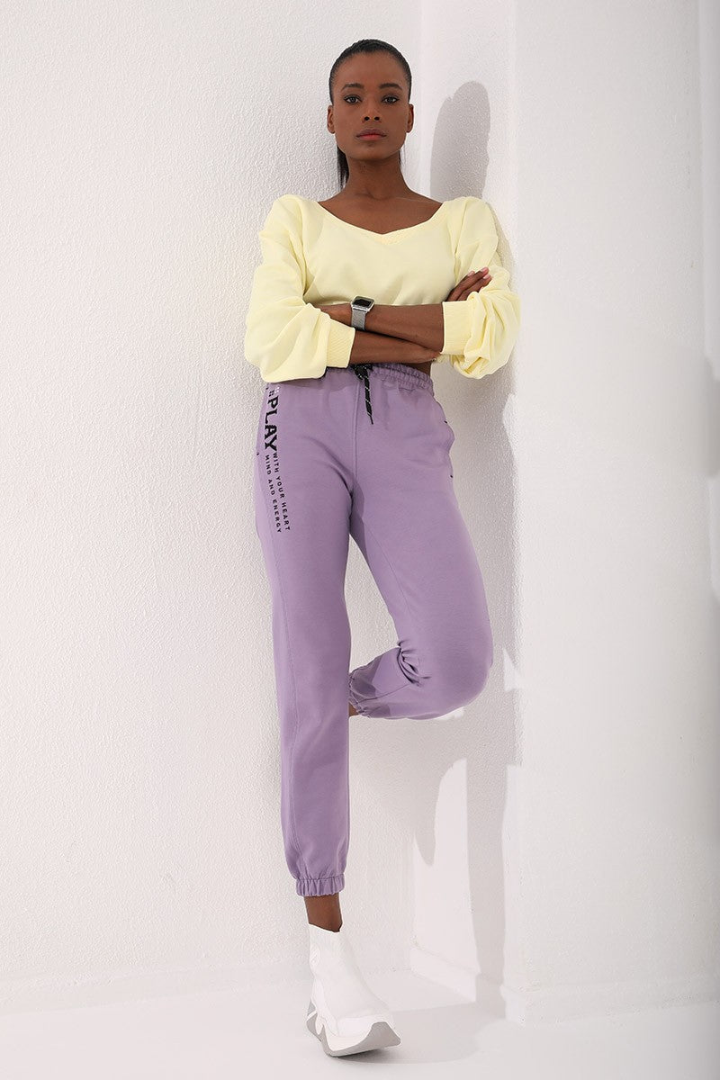 Plato High Waist Embroidered Comfort Fit Elastic Cuff Women's Tracksuit Bottom - 94573