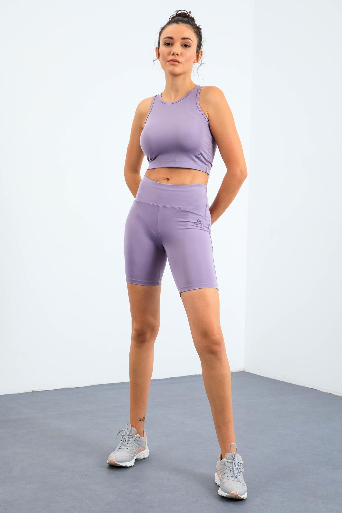Plato High Waist Wrap-up Slim Fit Crop Biker Women's Tights Set - 95302