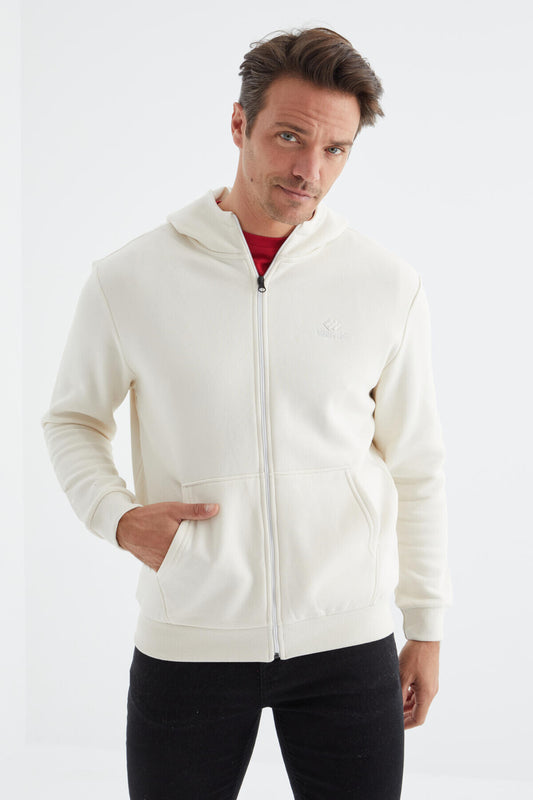 Basic Hooded Comfortable Fit Embroidered Detailed Zippered Men's Sweatshirt - 88035