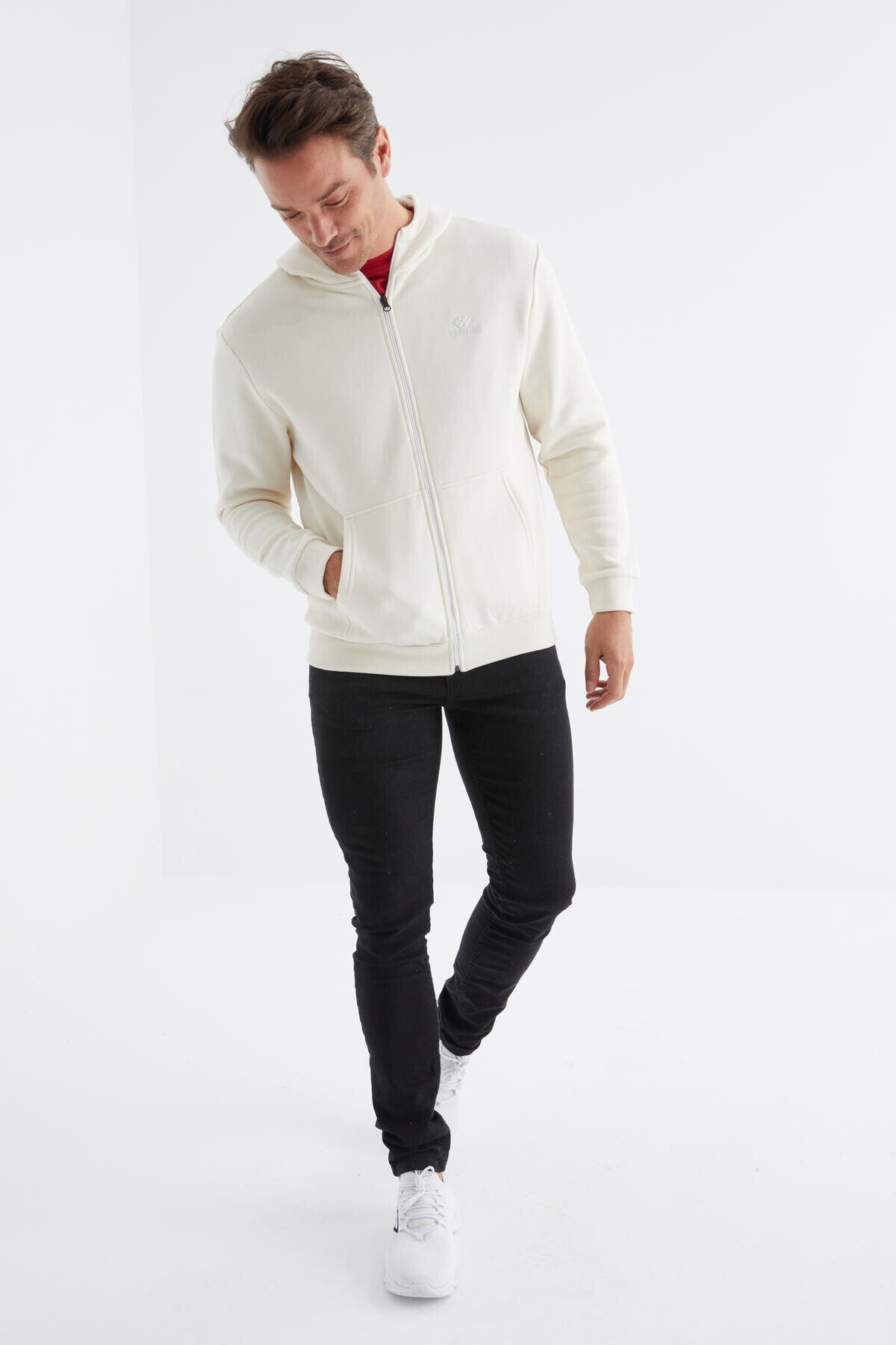 Basic Hooded Comfortable Fit Embroidered Detailed Zippered Men's Sweatshirt - 88035