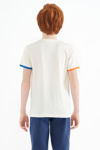 Ecru Print Detailed O Collar Standard Cut Boys' T-Shirt - 11131