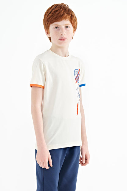 Ecru Print Detailed O Collar Standard Cut Boys' T-Shirt - 11131