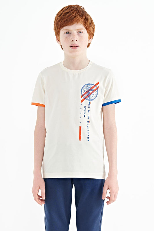 Ecru Print Detailed O Collar Standard Cut Boys' T-Shirt - 11131