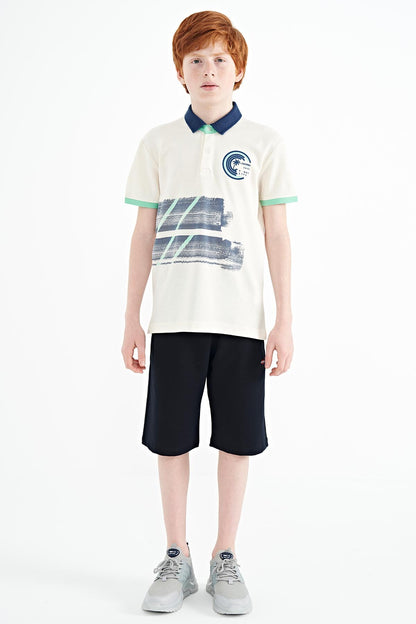 Ecru Print Detailed Polo Collar Standard Fit Boys' T-Shirt - 11094