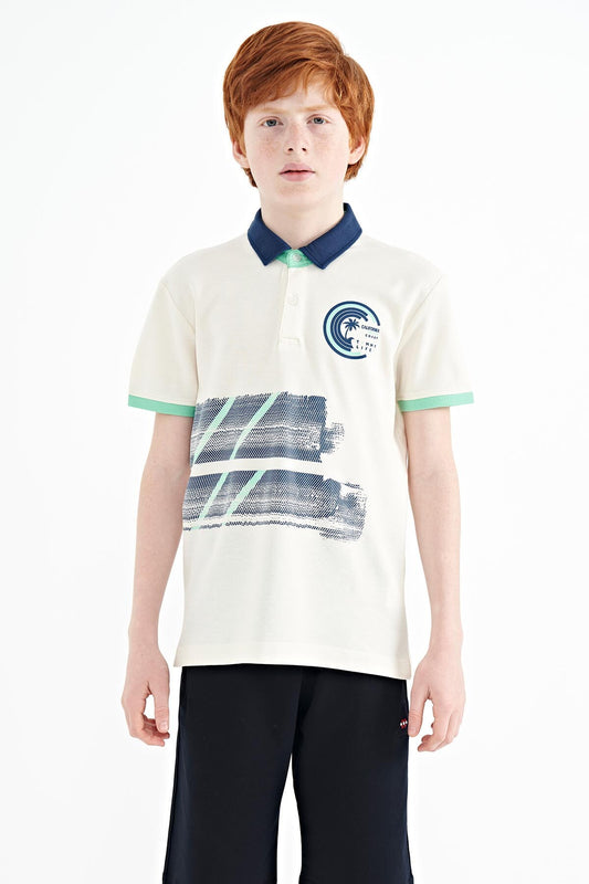 Ecru Print Detailed Polo Collar Standard Fit Boys' T-Shirt - 11094